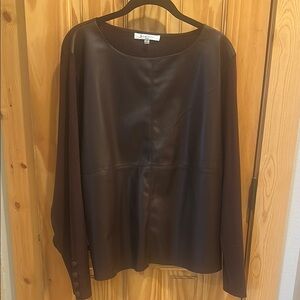 Siani Milano Brown Faux Leather and Knit Long Sleeve Top, XL